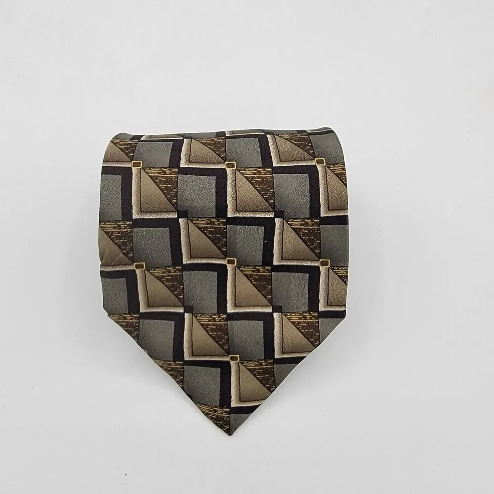 Mens Necktie Facets Geometric Silk 58.5 By 4 In Classic Grey Tan Vintage